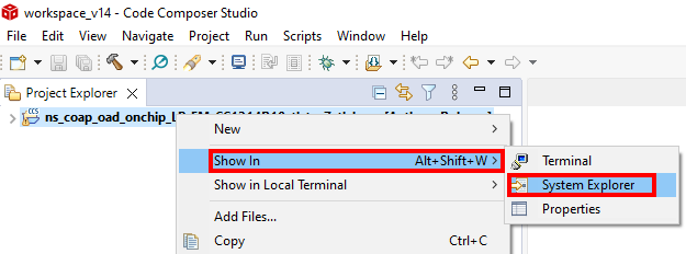 Show the project in the system explorer