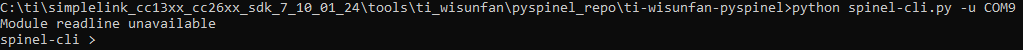 CMD output of the start of the PySpinel CLI