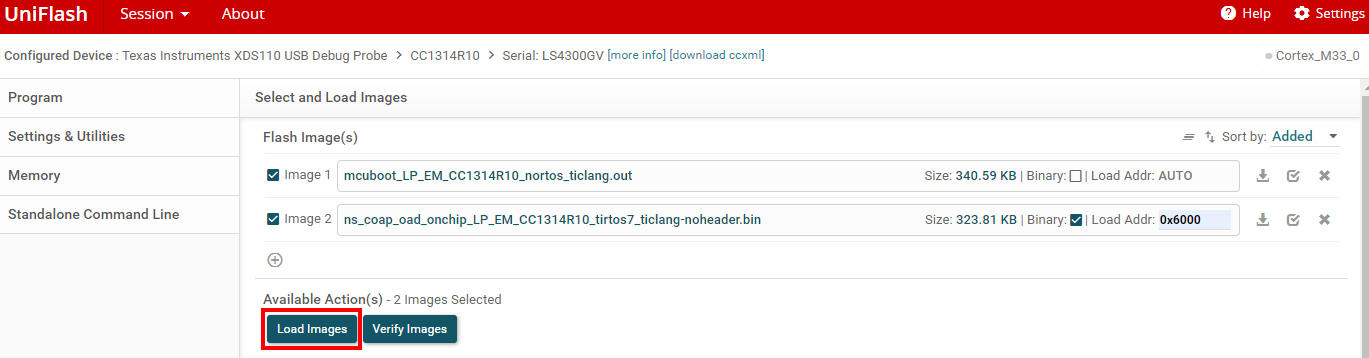 UNIFLASH with loaded application image and MCBoot image ready to flash the router node
