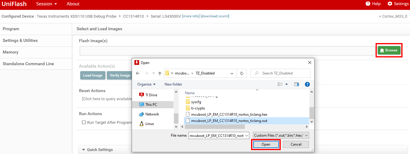 UNIFLASH UI to load the MCUBoot image