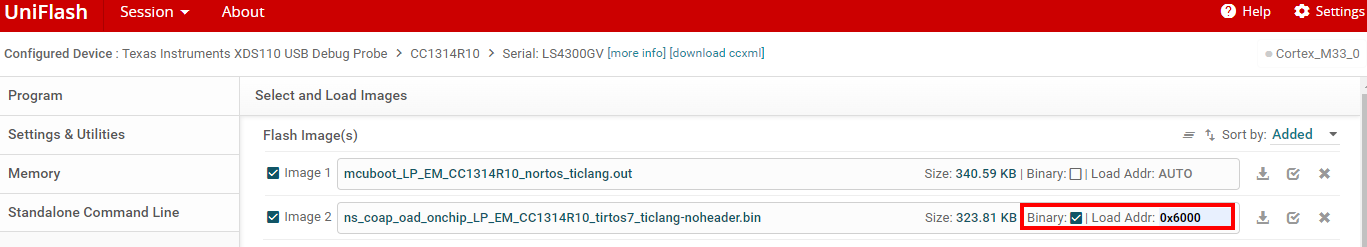 UNIFLASH UI to modify the flash address