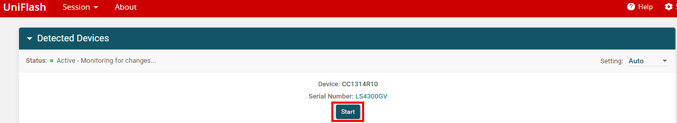 UNIFLASH UI to select the device