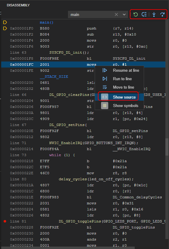 Disassembly view with show source