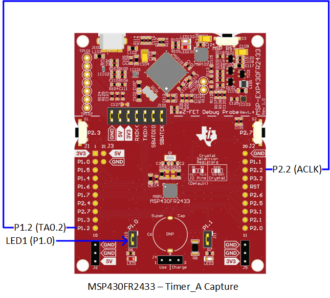 MSP430FR2433 Connections for Timer\_A Capture example