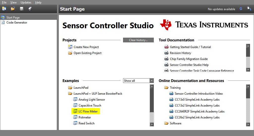 Sensor Controller Studio Start Page