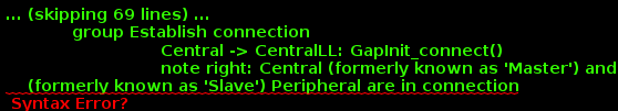 @startuml
hide footbox


participant Central
            participant CentralLL
            participant PeripheralLL
participant Peripheral

            group Establish connection
                            Central -> CentralLL: GapInit_connect()
                            note right: Central (formerly known as 'Master') and
    (formerly known as 'Slave') Peripheral are in connection
            end
            == LE 1M PHY ==
...

            group Change PHY
                    PeripheralLL <- Peripheral: HCI_LE_SetPhyCmd()
                    note left: Peripheral application initiates PHY change
                    ...

                    CentralLL <- PeripheralLL : LL_PHY_REQ
                    note left: Link layer messages exchanged
                    ...
                    CentralLL -> PeripheralLL : LL_PHY_UPDATE_IND

            end
            == Change of PHY ==
...

            group Receive event
                    CentralLL --> Central : LE PHY Update Complete
                    PeripheralLL -> Peripheral : LE PHY Update Complete
                    note left: Application receives event from stack
            end

@enduml