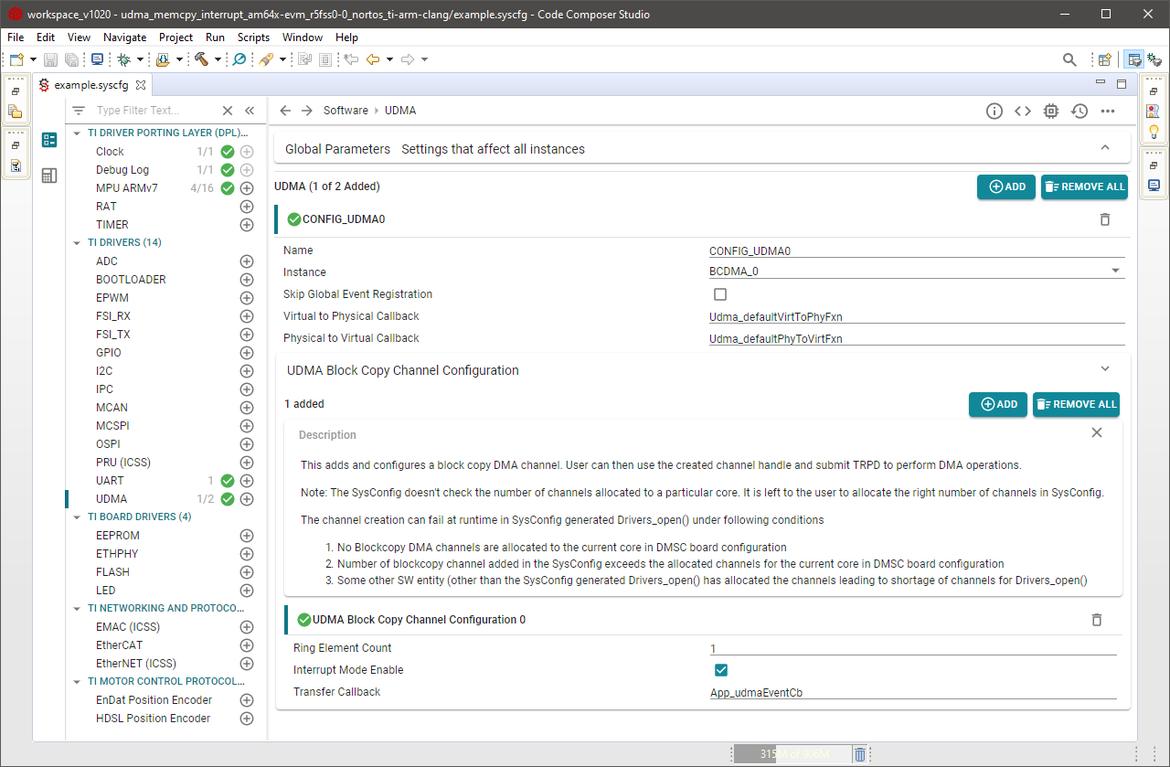 UDMA Driver BCDMA Configuration in System Configuration Tool