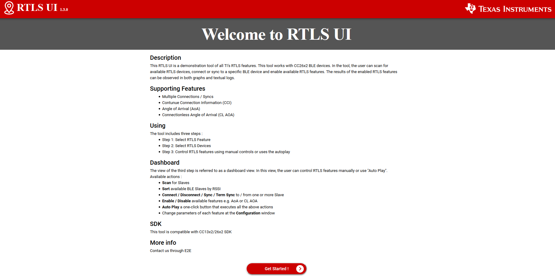 RTLS UI welcome page