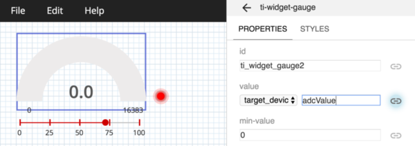 Bind the adcValue variable to the analog meter widget.
