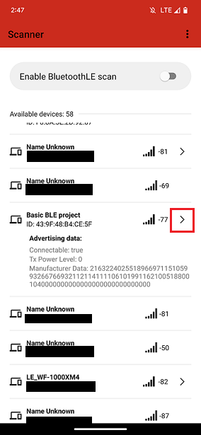 Scanned devices in BLE Scanner